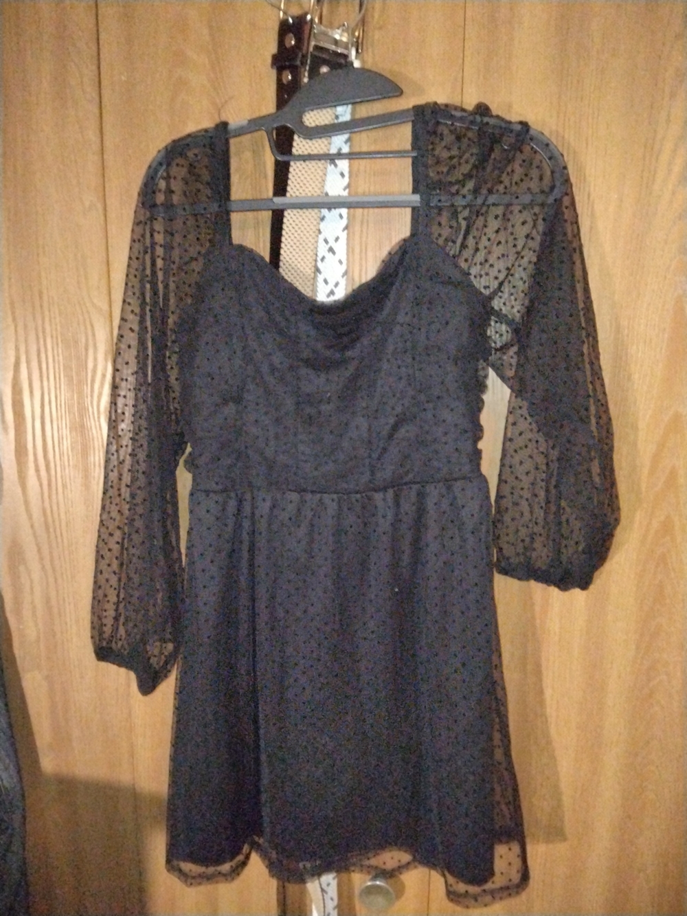 Crystal Doll Black Polka Dot Mesh Long Sleeve Mini Dress - Sm